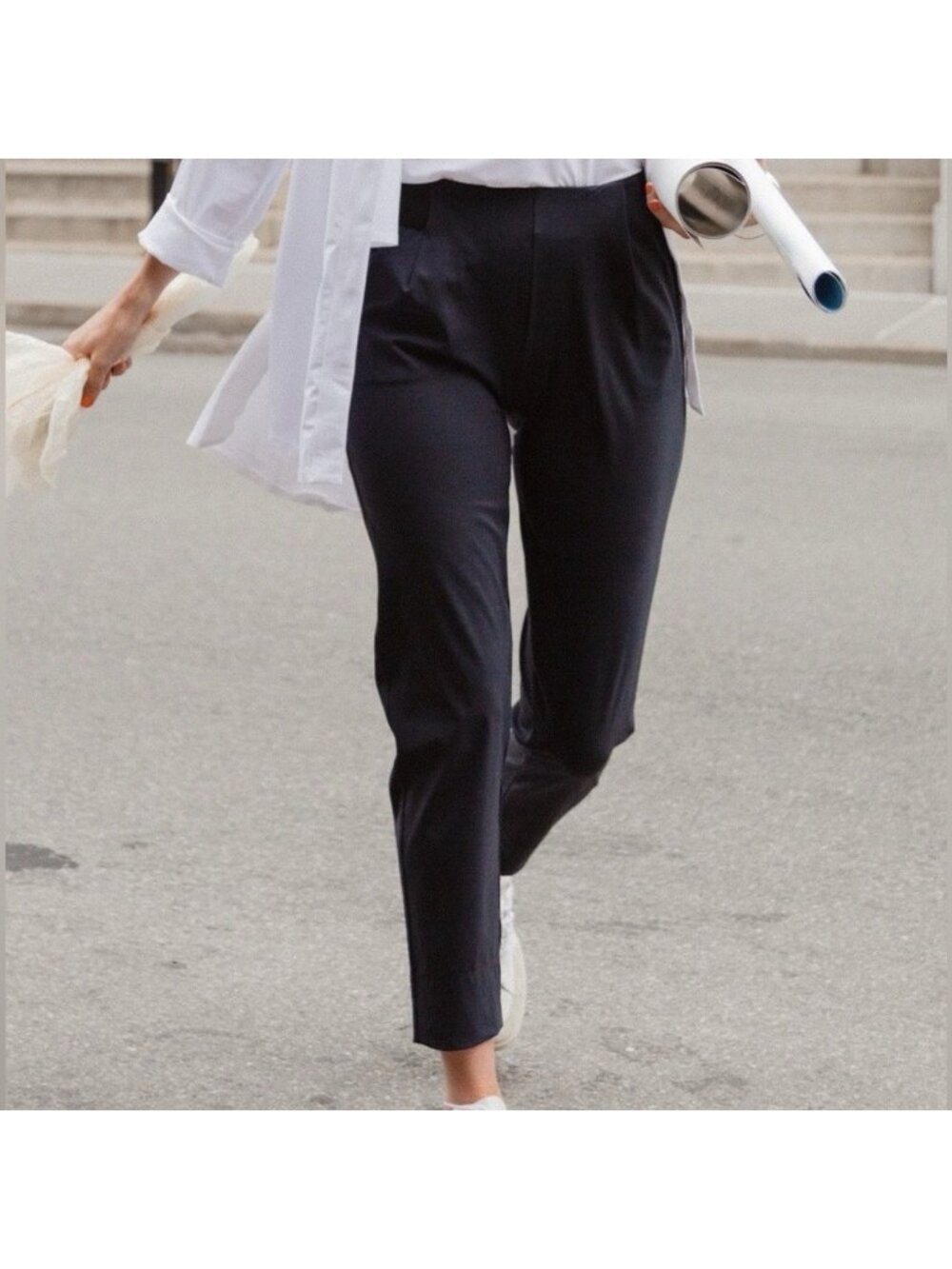 A Day Pants Navy Blue Turn It Up Slim Straight Leg High Rise Travel Trouser Sz S